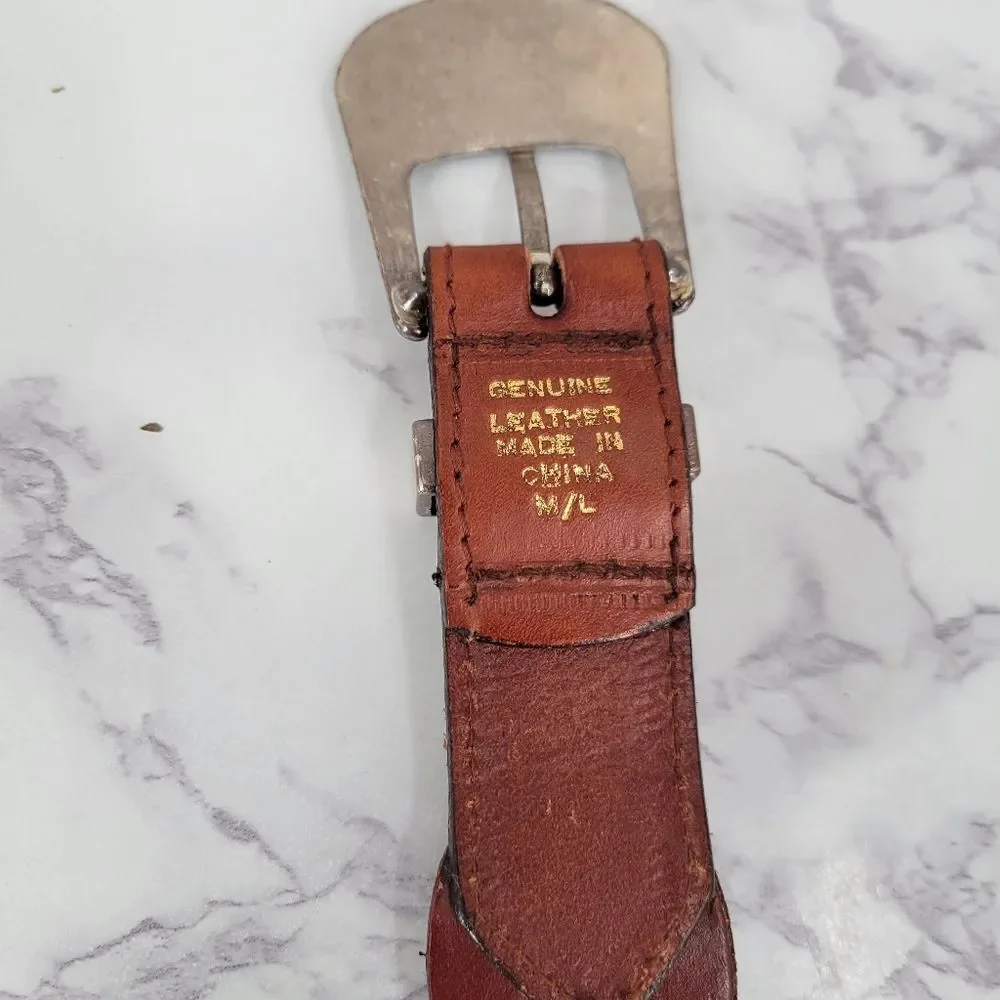 Brown Leather Interlock Tab Belt with Silver Toned Aztec Buckle
